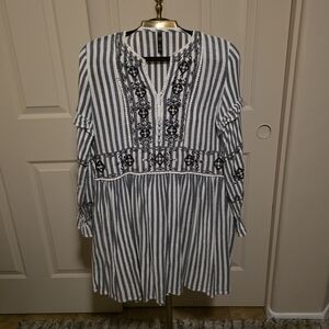 Zara Striped Embroidered V-Neck Women’s Dress - Gray & White